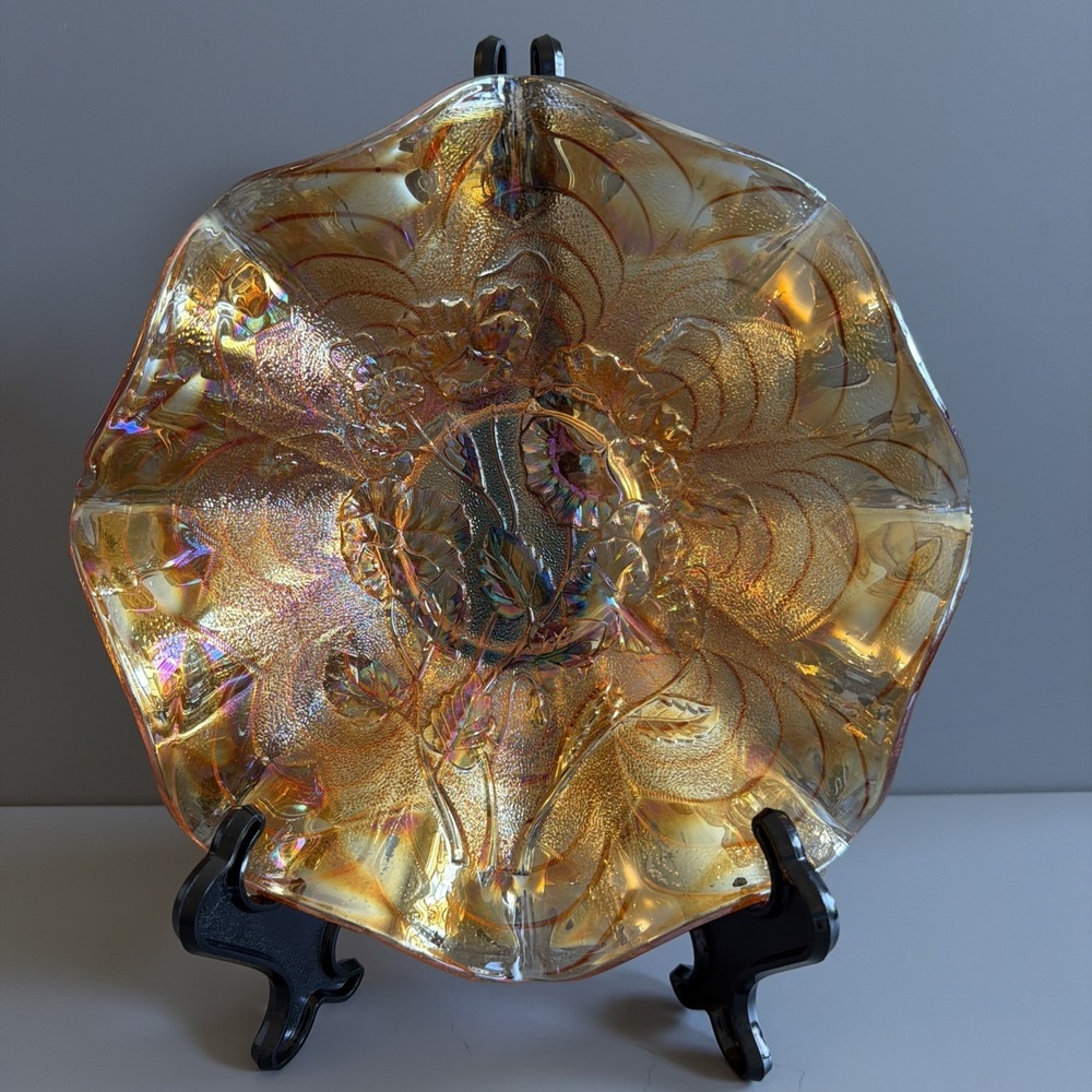 Antique Imperial Glass Co. Marigold Carnival Glass Pansy Ruffled Plate 1910–1920
